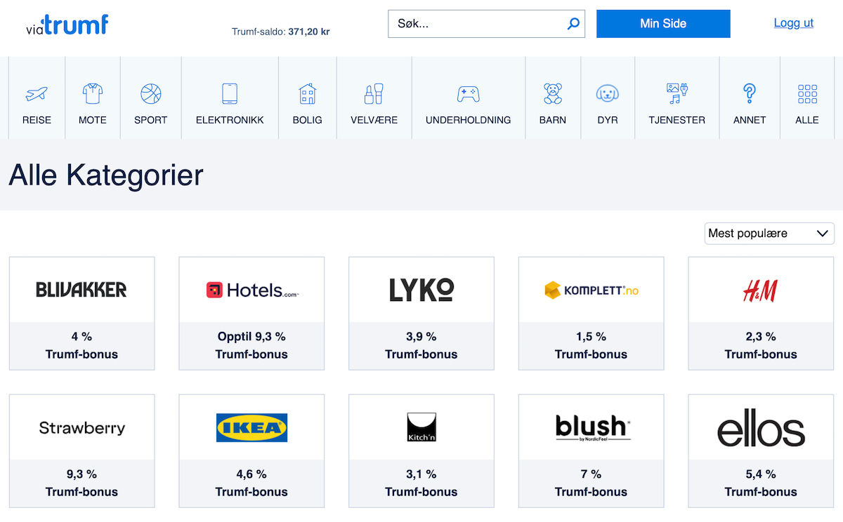 Skjermbilde fra ViaTrumf med oversikt over nettbutikker
